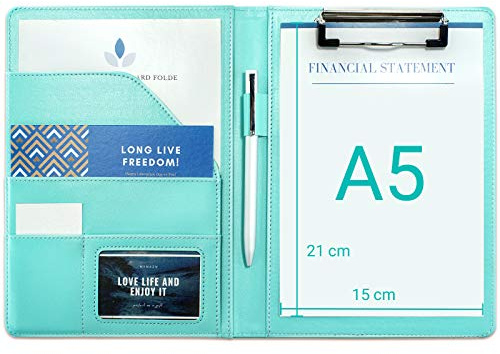 Mymazn Clipboard Folder A5 Conference Folder for Legal Pad (Pale Turquoise) | Pu Leather Folder Work Writing Foldover Clipboard with Cover, Portfolio Organiser A5 Folio Clip Board with Pen Holder