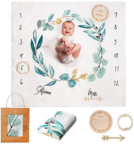 ODOXIA Coperta Mesi Neonato In Italiano | Mussole Neonato Cotone | Tappeto Mesi Maschio O Femmina, Unisex | Foglie | Regalo Baby Shower Neomamme | Copertina Cotone