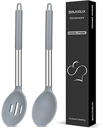 2 Pcs Silicone Cooking Spoons, Solid and Slotted Spoon Set, Non-Stick BPA Free Heat-Resistant Basting Kitchenware for Soup, Serving, Draining, Stirring(Grey)