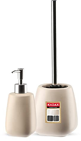 KADAX Set da bagno da 2 pezzi in ceramica, accessori da bagno, dispenser di sapone, bicchiere da bagno, portasapone e scopino WC (spazzola e dispenser beige) (K8180)