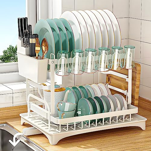 Frasheng Scolapiatti Bianco,Colapiatti 2 Ripiani,in acciaio inox,Scolapiatti Compatto,Scolapiatti da Appoggio per lavello,con porta utensili,portabicchieri,supporto per taglieree vassoio antigoccia