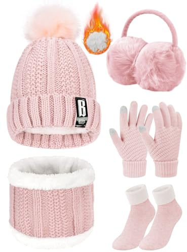 Yuson Girl handskar vintermössa halsduk set kvinnor 5 stycken vinter skidor outing set stickad mössa halsduk pekskärm handskar öronskydd strumpor varm möss halsduk set för utomhussporter, ROSA, En