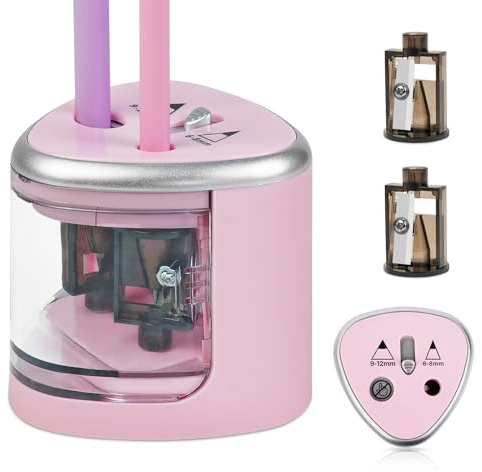AUAUY Sacapuntas eléctrico con doble agujero, sacapuntas automático a pilas con 2 soportes de cuchillos adicionales, para lápices estándar y de colores de 6-8mm/9-12mm, lápices de maquillaje (rosa)