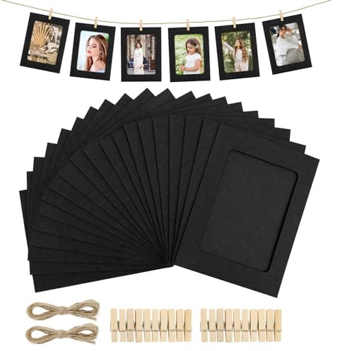 COMNICO 20Pcs Black Paper Photo Frame Wall Decor DIY Cardboard with 20 Wood Clips and 2 Jute Twine Photo Display Holders Banner Kit for Home School Office Wedding and Party Decoration