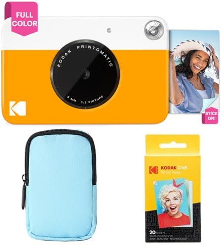 KODAK Printomatic fullfärg omedelbar tryck kamera startpaket + mjukt fodral + zink 20-pack fotopapper – färgglada foton på 5 x 7,6 cm klibbigt baksidespapper – rolig present till födelsedag jul högtid