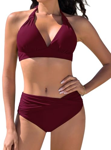 Vijamiy Traje de Baño para Mujer Bikinis Push Up Bañadores Dos Piezas Conjunto Top de Bikini con Cuello Halter(Rojo Vino,S)