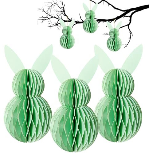 LUMOOM 3 pièces de décoration Pâques Boules alvéolées, Lapin Pâques en Papier Pliable, Lapin alvéolé en Papier Soie, Lapins Pâques à Suspendre pour l'extérieur, réutilisables (Vert)
