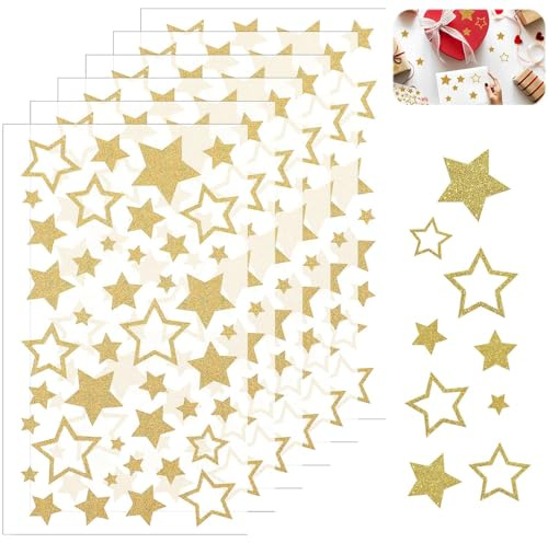 BOBOZHONG 6 ark glänsande stjärnklistermärken guld - 252 st självhäftande klistermärken för hantverk/barn/bil - fasta och ihåliga stjärnor, juldekoration och skolbelöningar