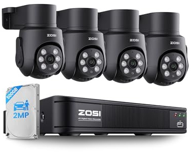 ZOSI 1080P Home Security Camera System Outdoor Indoor, 8CH 5MP-Lite CCTV DVR with AI Human Vehicle Detect, 4 x 1080P Pan Tilt Weatherproof Surveillance Camera, Night Vision, Audio Recording, 500GB HDD
