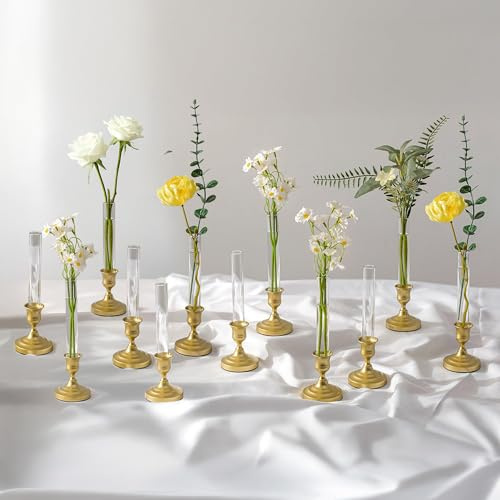 Inweder Bud Vases with Candlestick Holders: 12 Pcs Small Flower Vase Bulk | Test Tube with Silicon Sleeve, Fits 2.2cm Taper Candles, for Wedding Birthday Party Table Centrepieces