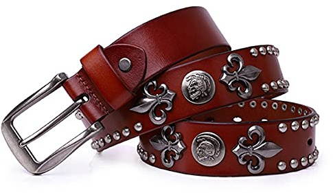 OBASDFD Ceinture Cloutée Style Punk Rock Avec Tête De Mort Et Rivets, Clous Circulaires, Boucle Ardillon Classique, En Cuir Pleine Fleur For Homme Femme(Brown,120cm/40-42in)