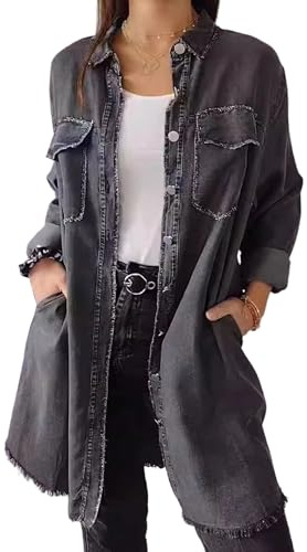 Giacca lunga in denim da donna, camicia in jeans, camicetta casual, outfit autunnali oversize