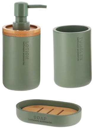 Tendance - Set Gobelet Distributeur à Savon et Porte Savon Polyrésine - Kaki/Bambou - Salle de Bain - Accessoire Salle de Bain à Poser