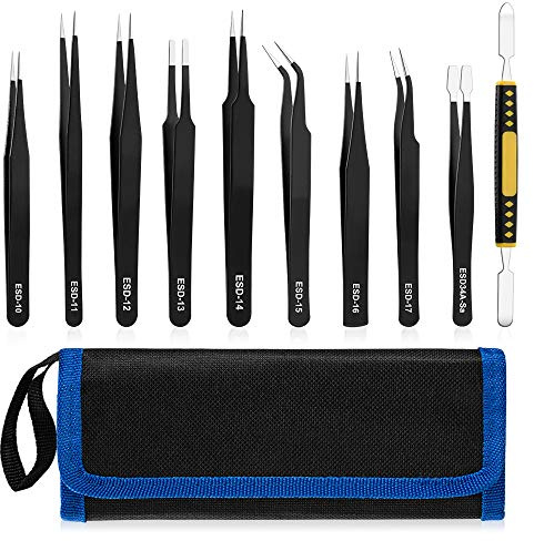 UUBAAR 10 PCS Precision Tweezers Set, Stainless Steel ESD Anti-Static Tweezers Kit for Electronics Soldering, Jewelry-Making, Laboratory & Crafts - Includes Storage Bag