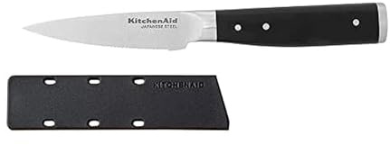 KitchenAid Gourmet Forged Triple Rivet Serrated Paring Knife with Custom-Fit Blade Cover, 3.5-inch, Sharp Kitchen Knife, High-Carbon Japanese Stainless Steel Blade, Black