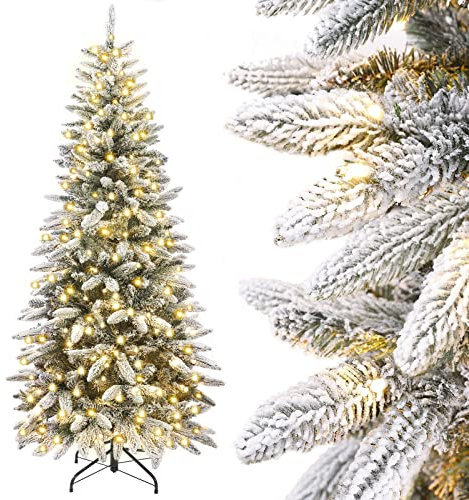 Yorbay Albero di Natale Slim, con Luci LED e Fiocchi di Neve, Supporto in Metallo, Albero Natalizio Artificiale Innvevato, per Decorazioni Natalizie (180 cm)
