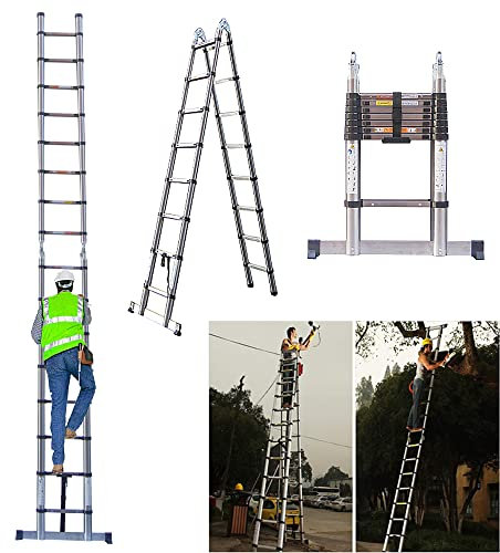 5M(2.5M + 2.5M) A Frame Telescopic Ladders, Stainless Steel Extendable Loft Ladder, Multi-Purpose Collapsible Ladder Max Load 150kg/330lb, For Decorating, Painting, Home DIY