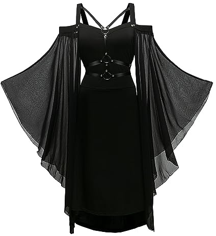 YRTBGD - Abito da donna stile gotico, vintage, nero, medievale, con maniche a tromba, legato in vita, abito per Halloween, costume da carnevale da donna (nero, 5XL)