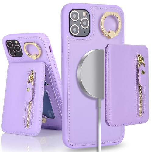 SailorTech iPhone 11 Pro Max telefonfodral med kreditkortshållare, magnetsäker, iPhone 11 Pro Max fodral ringstativ med ställ kortfack, plånbok, avtagbar 2-i-1 blixtlåsfodral – lila