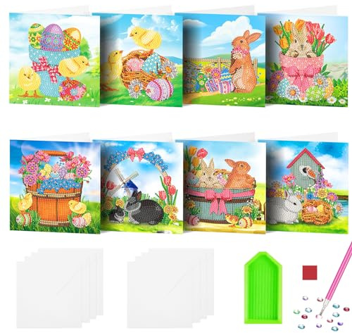 Set di 8 Biglietti di Auguri Pasquali,Biglietti d'auguri con Pittura con Diamanti,con Busta,Uova di Pasqua, Coniglietto,Cartolina di Pasqua Regali,Biglietti di Auguri Pasquali Fatti a Mano