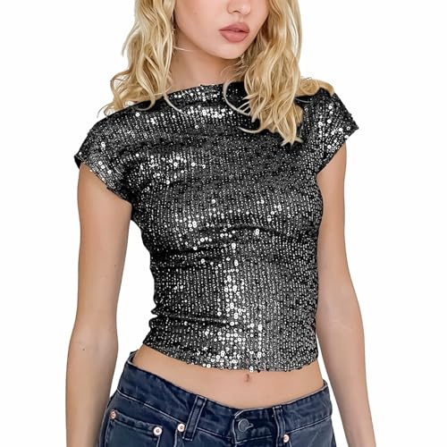 MLKLDOU Débardeur court à paillettes pour femme et fille Dos nu Manches scintillantes