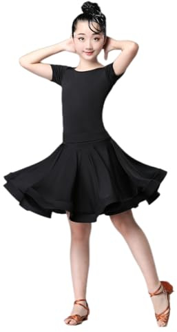HWBZSZY Kids Girls Short Sleeve Latin Dance Dress Leotard Elastic Waist Ruffle Skirt Samba Tango One Piece Children Dancewear Performance Ballroom Dancing Costume,Black,150cm