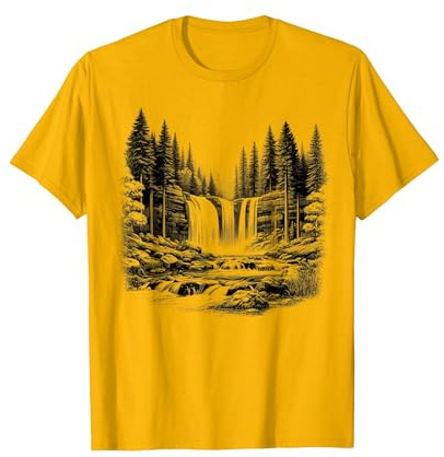 Natura con Foresta e Cascata in Stile Artistico Disegno Maglietta, Uomo, Oro Brillante, XL