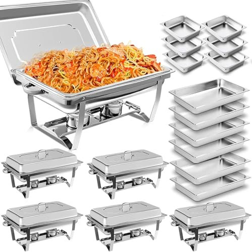 YORKING 9L Chafing Dishes for Buffet, 6 Pack Chafing Dish Buffet Set, Stainless Steel Food Warmers with 6 Full & 6 Half Size Pans Lids Foldable Frames Fuel Holders for Parties Birthday Holiday Events