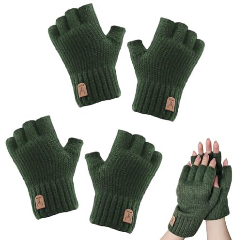 ZOCONE 2 Paar Strick Fingerlose Handschuhe Winter Warme Fingerlose Handschuhe Herren Flexible Touchscreen Halbfinger Ohne Fingerkuppen Damen Fingerless Gloves Unisex Erwachsene (Grün)
