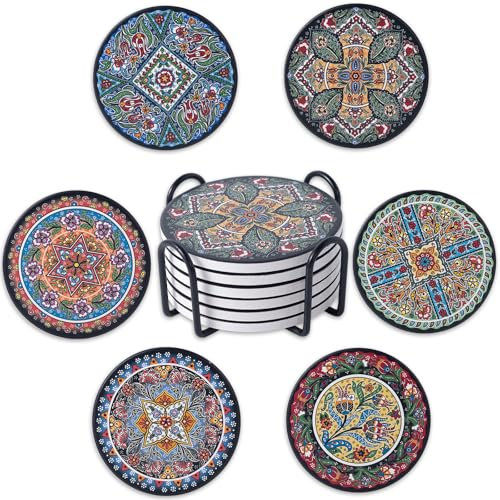 STARUBY Drink Coasters Set of 6 Ceramic Coaster Beautiful Absorbent Coaster Drink Mat with Cork Base 6 Turkey Patterns Round Coaster Non Slip for Coffee,Beer,Mug,Wine Glass Bottle,Home and Bar