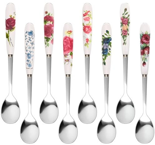 Cucchiaino da Caffè in Acciaio Inox,Forreen 8 Pezzi Motivo Floreale Cucchiaio da Dessert per Torta con Manico in Ceramica per Caffè Gelati Dessert