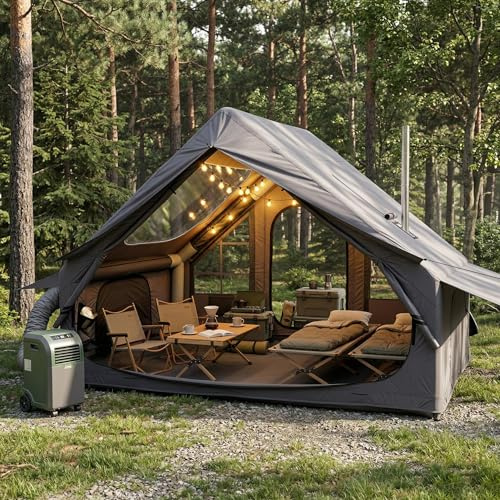 Inflatable Camping Tent for 4-6 Person, with Electric Air Pump, 4 Season Waterproof Windproof, Clear Skylight & 420D Oxford Waterproof, Air Tent with Mesh Windows/Doors