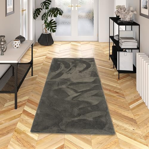 Snapstyle Tappeto a Pelo Alto Grigio Antracite, Super Morbido e Antiscivolo, Perfetto per Corridoio, Soggiorno, Cucina, Design Moderno, Facile da Pulire