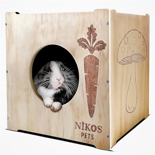 NIKOS PETS - Wooden Rabbit Hideout, Rabbit Bed, Indoor Hutch, Bunny House Pet for Bunnies, Guinea Pigs, Outdoor Shelter Hut, Small Animal Hideaway, Bunny Playground (12.5 x 12.5 in)