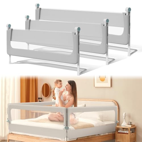 Ikodm fallskydd säng, fallskydd resårsäng 180 cm, sänggaller, höjdjusterbart 72–86 cm, hopfällbar med 180 grader, luftigt nät, enkel installation, grå, 2 stycken