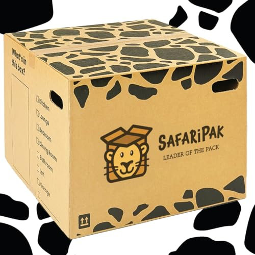 SAFARIPAK - 10 Pack Strong Extra Large 52cm x 52cm x 40cm Reusable Cardboard Storage Packing Moving House Boxes with Carry Handles and Room List Checkboxes - 108 Litres Capacity