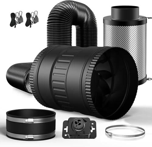 Brogachy Set di ventilazione,150mm Ventola Aspirazione,filtro carbone attivo, tubo scarico, manicotto gomma, sistema ventilazione tenda