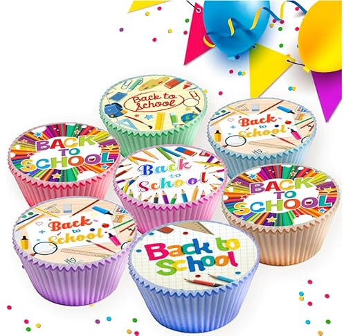 24 x PRE CUT BACK TO SCHOOL EDIBLE WAFER CARD RICE PAPER 4.5 cms CUPCAKE TOPPERS DECORATIONS