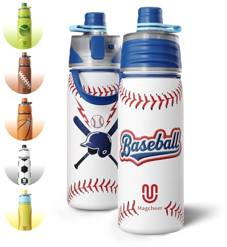 Magcheer Baseball Water Bottle - 20oz Insulated Misting Water Bottles Stainless Steel 3D Textured - Baseball Accessories Gift for Kids