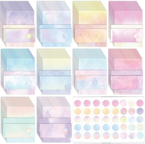 EggSun 250Pcs Watercolor Stationery Paper and Envelope Set with 100 Letterhead Papers and 50 Envelopes, 10 Design for Letter Writing Invitations Computer Holidays Party Notes, 8.5x11 Inch-Lined