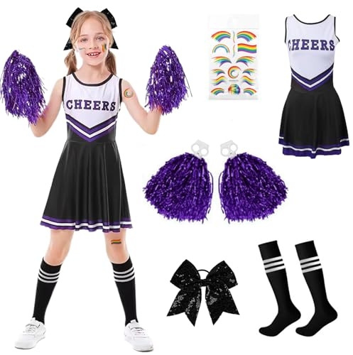Déguisement Pom Pom Girl Fille Noir, Costume Pompom Girl Enfant avec Robe, Pompons, Chaussettes, Nœud, Épingle à Cheveux et Autocollants, Deguisement Cheerleader Fille pour Carnaval (130)