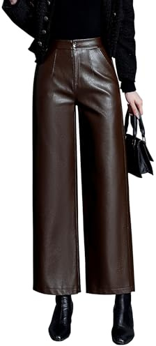 HaoMay Women's Faux Leather Pants Straight Wide Leg PU Trousers with Pockets(Coffee-M)