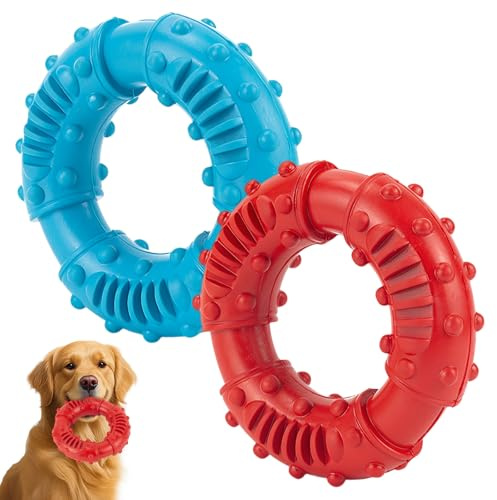 2 Pièces Jouet Indestructible, Jouet À Mâcher Pour Chien, Anneau De Soins Dentaires Ludique, En Caoutchouc Naturel, 13 Cm De Diamètre, Pour Chiens De Petite, Moyenne Et Grande Taille (Rouge Et Bleu)