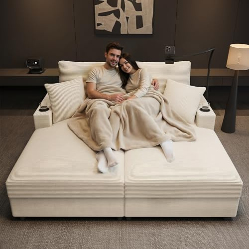 Luscriate Sofá cama doble con función de dormir acolchado, soporte para teléfono móvil, puerto USB y soporte para bebidas, ideal para salón, dormitorio y cine en casa (Corduroy, beige+2 plazas)