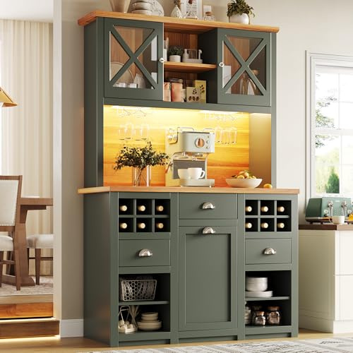 BTM Tall Kitchen Cabinet with LED & Glass Doors Freestanding Larder Cupboard Sideboard with Worktop & Wine Rack, Green