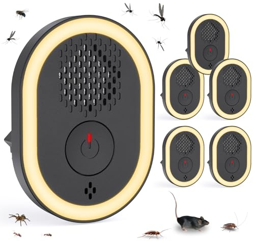 Repelente Ultrasónico de Plagas, 6 Paquetes Electrónico Repelente Mosquitos Control de Plagas, Dispositivo Ultrasónico Anti Mosquitos para Interiores, Insectos, Moscas, Cucarachas, Arañas, Roedores