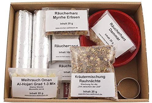 K W Räucherset „Rauhnächte“ – 10-teiliges Set für magische Reinigung – Weihrauch Oman Al Hojari, Myrrhe & Dammar, Specksteinschale, Zubehör & Anleitung im Geschenkkarton mit Klarsichtdeckel