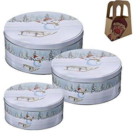 Presentset, kakburk, kakburk, metallburk, set med 3 snögubbe, släde, jul med söt ren, minipresentpåse
