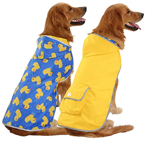 HDE Impermeabile reversibile per cani con cappuccio Slicker Poncho impermeabile per cani di taglia piccola, media e grande, anatre/giallo - 3XL