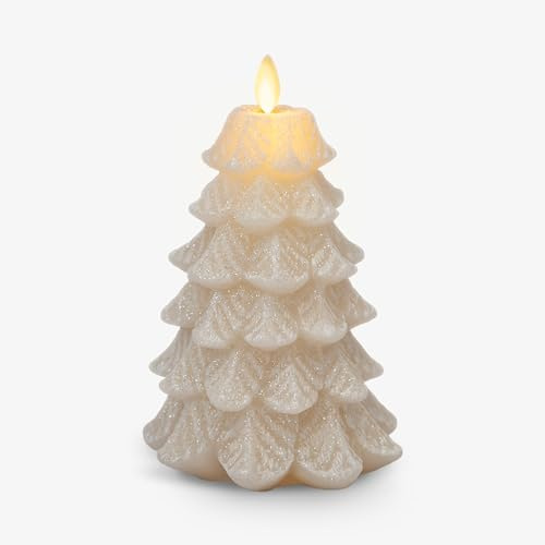 Luminara Christmas Tree Flameless LED Candle, White Swan 4.7 x 6.5, Moving Flame Battery Operated Timer, Holiday Decor, Glitter Snow Finish Safe